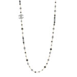 Pearl Bead Crystal CC Long Necklace Black Gold