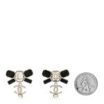 Crystal CC Bow Drop Earrings Silver Black - Image 2
