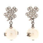 Crystal Pearl CC Clover Drop Earrings Silver