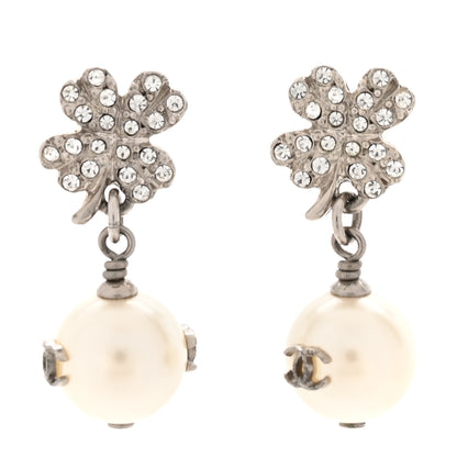 Crystal Pearl CC Clover Drop Earrings Silver