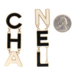 Metal Enamel Cha-Nel Logo Drop Earrings Black White - Image 2