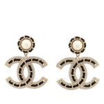 Pearl Lambskin Crystal Chain CC Drop Earrings Black Gold