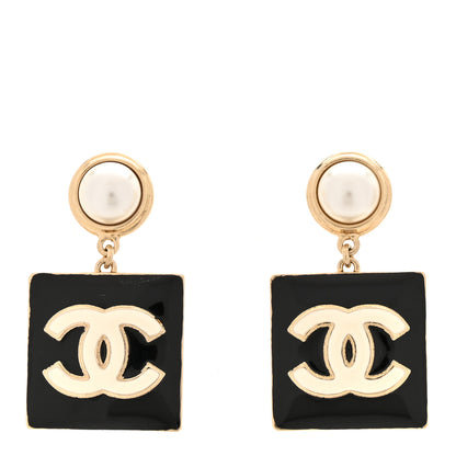 Metal Resin Pearl CC Drop Earrings Gold Black White