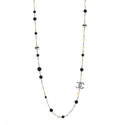 Metal Pearl Crystal Bead CC Long Necklace Black Silver