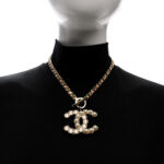 Pearl Crystal Lambskin Chain CC Dazzling Domino Necklace White Gold Pink - Image 2