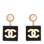 Metal Enamel Pearl Square CC Drop Earrings Gold Black White